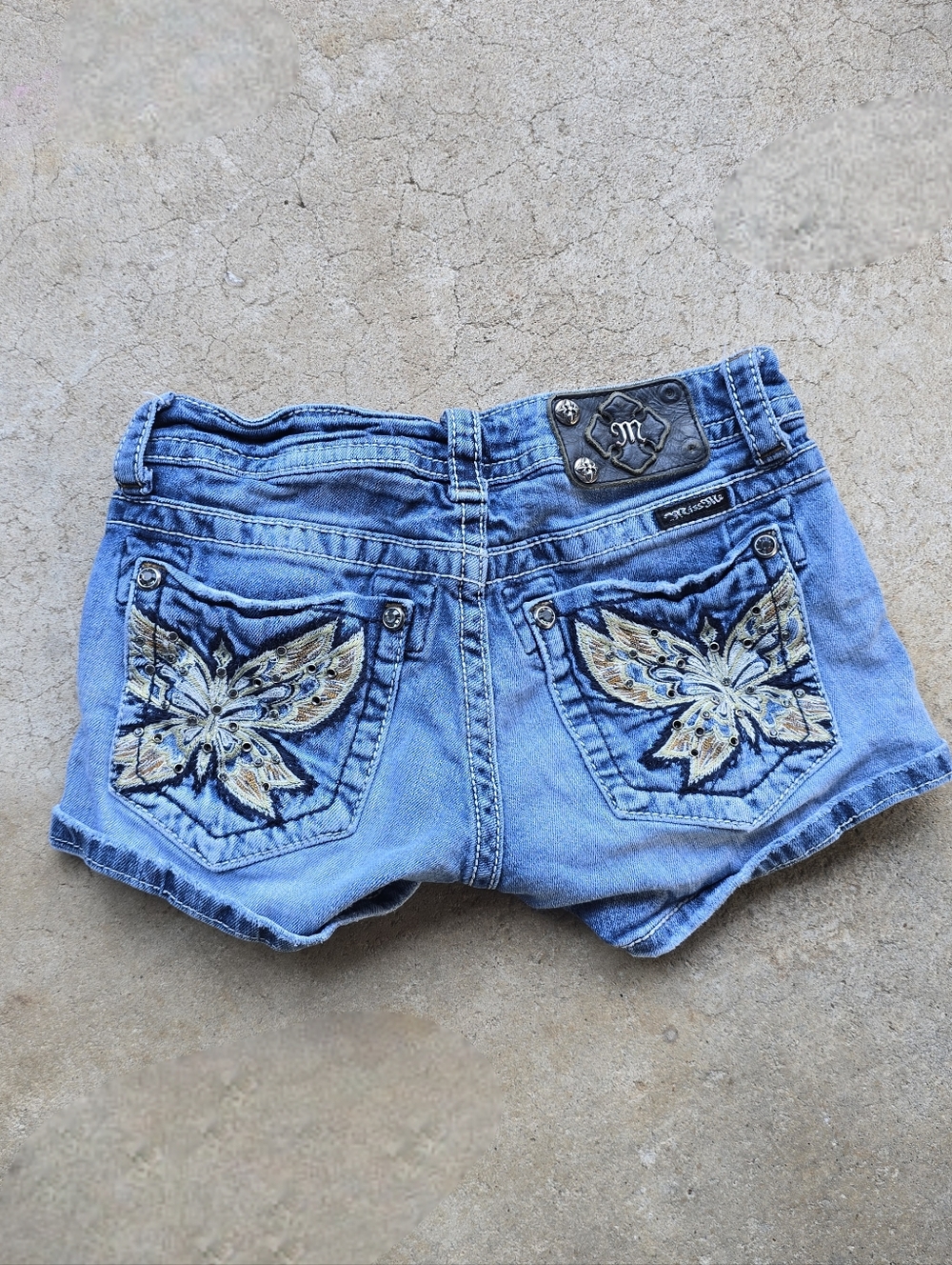 Vintage Y2K Miss Me Denim Shorts 27 Embroidered Bling Butterfly Moth